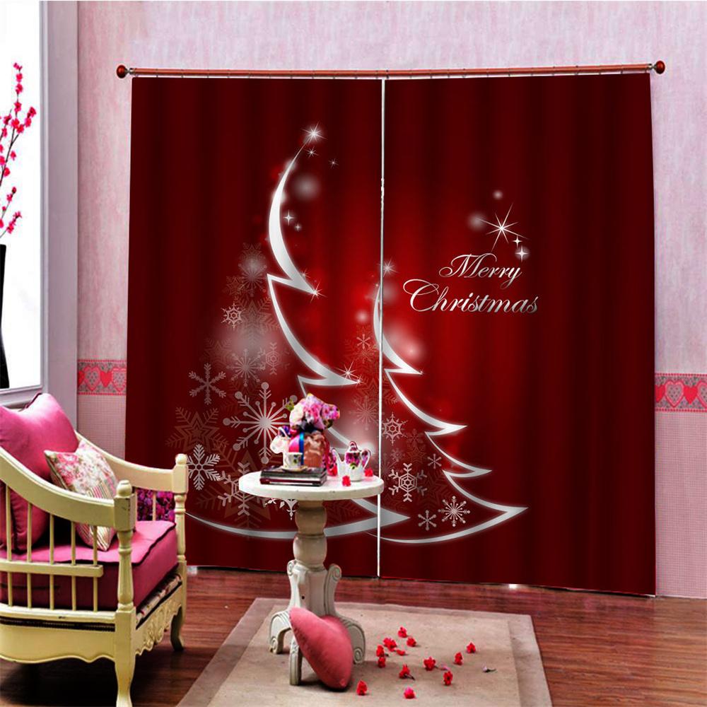 Happy New Year Christmas Tree Red Shiny Light Window Curtains For Kids Bedroom Living Room Bathroom Kicthen Door Hall Home Decor
