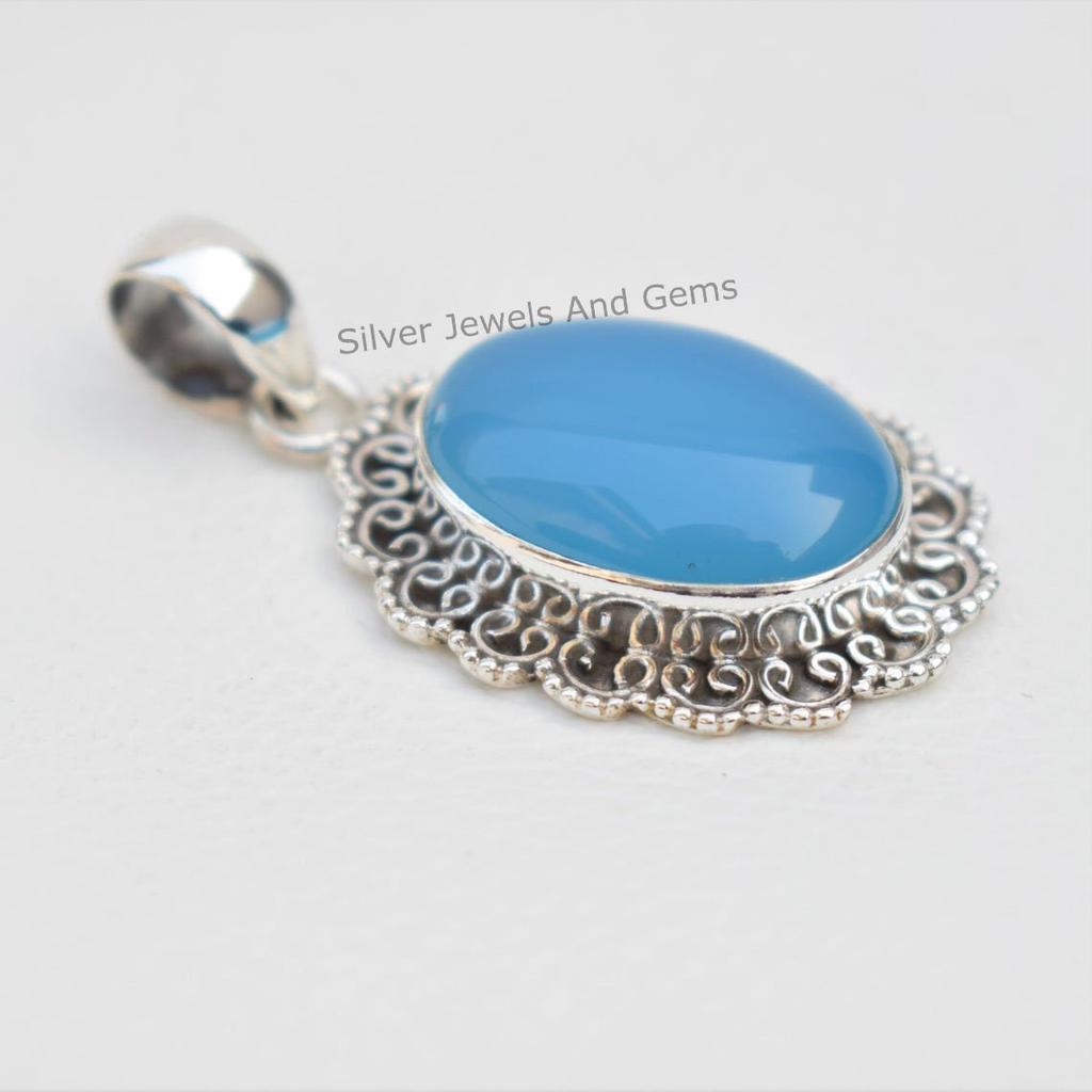 Blue Chalcedony Pendant, Boho Pendant, 925 Sterling Silver Oval Pendant, Sagittarius Birthstone, Gift For Her, Handmade Pendant