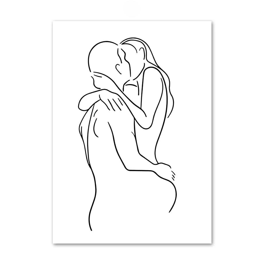 Minimalistische Linien-Paar-Kuss-Wandkunst, Nordische Poster und Drucke, Leinwandbild, Bilder für Wohnzimmer-Dekoration, Schwarz und Weiß