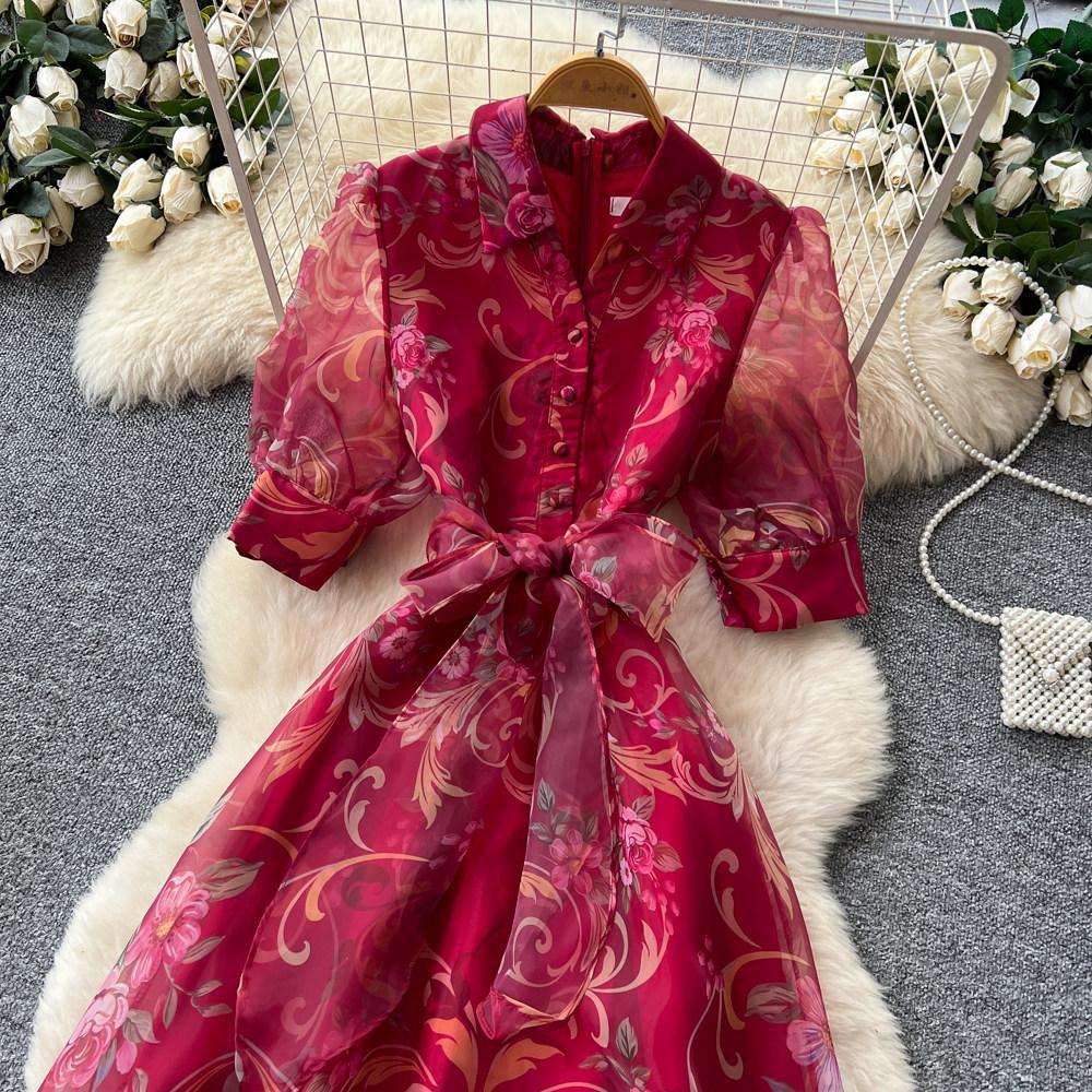 French Court Style Retro Printed Dress Women's Spring and Summer Lapel Collar Waist Strap A Word Long Dress Commuting