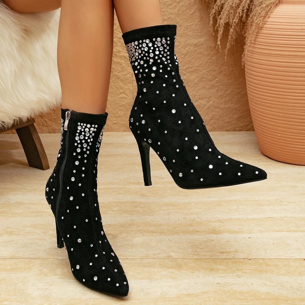 Hiver Sexy Dames Bottines Mode Strass Fermeture Éclair Élastique Slim Daim Talon Haut Mi-mollet Bottes pour Femmes
