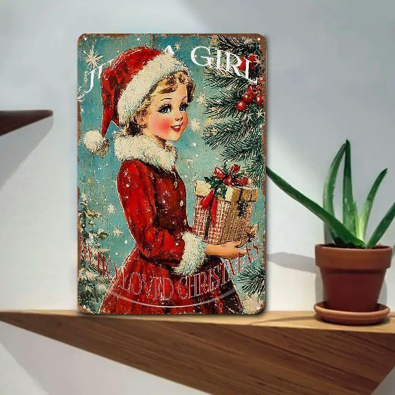 Weihnachts-Blechschild 2D Flache Wanddeko Metallplatte Hängendes Ornament Mädchen