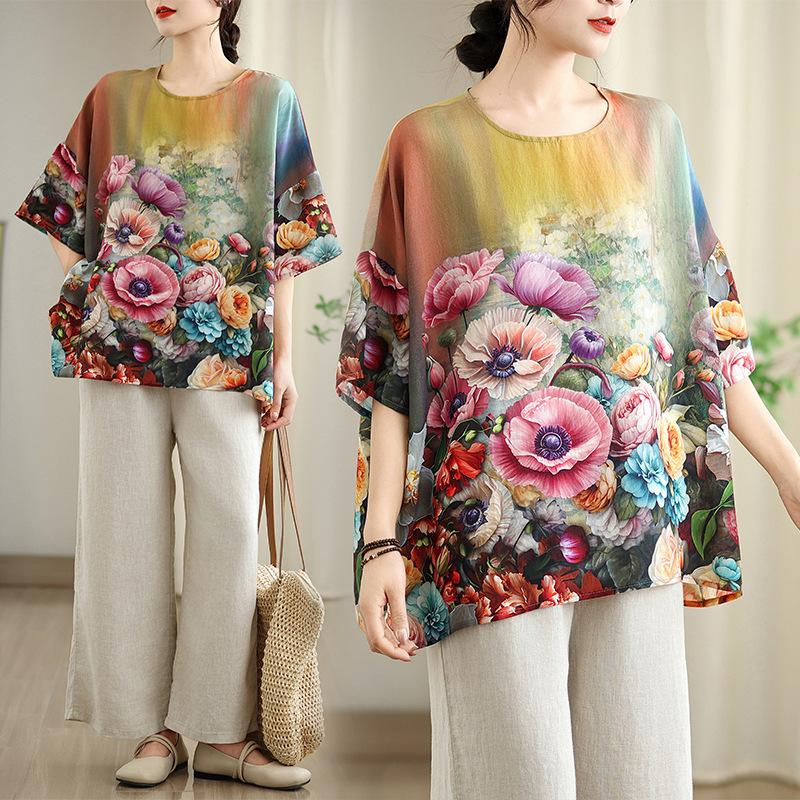 1116 Large Size Retro Cotton and Linen Printed Half-sleeved T-shirt Women's Summer Loose Fat Mm Belly Covering and Thin Foreign Style Top