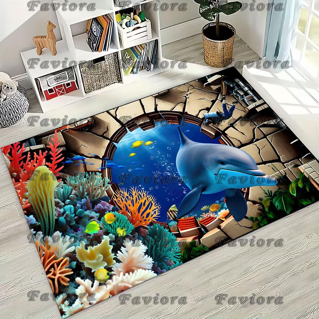 27 Style 3D Illusion Sea Underwater World Dolphin Rug for Bedroom Living Room Sofa Home Doormat Decor, Kids Non-slip Floor Mat