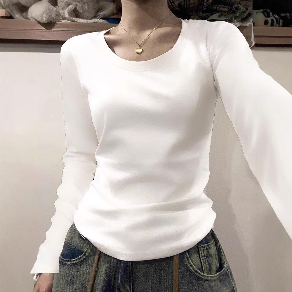 Women's Crew Neck Long Sleeve T Shirt Slim Fit American Retro Solid Color Basic Pullover Top Sexy Hot Girl Short Undershirt For Autumn Daily Outfit