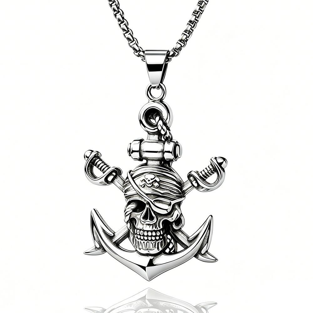

Vintage Titanium Steel Double Sword Skull Anchor Necklace Halloween Punk Men Jewelry