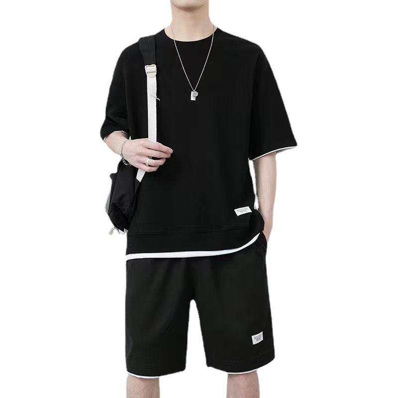 2022 Men's Waffle Short Sleeve Sports Leisure Suit - 2-Piece Set