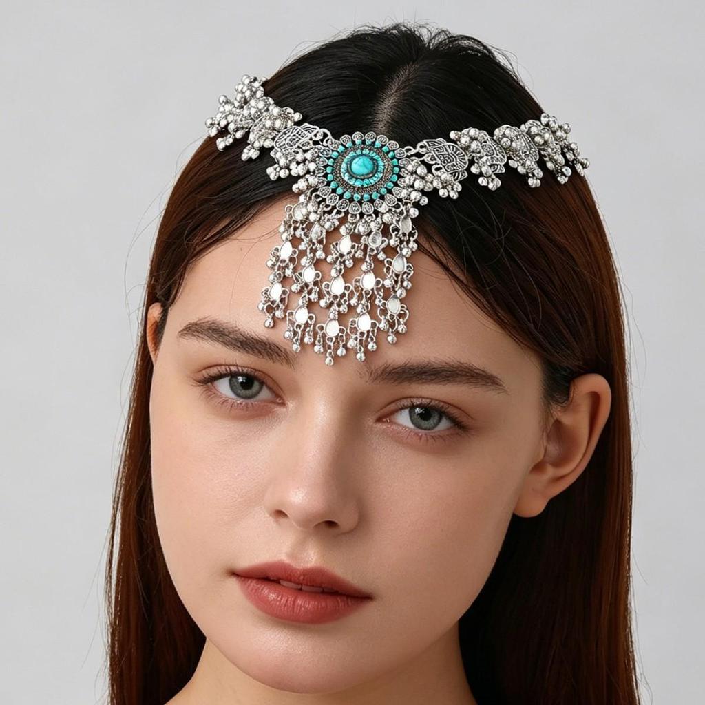 Ethnic Retro Tassel Rhinestone Forehead Chain for Indian Bride