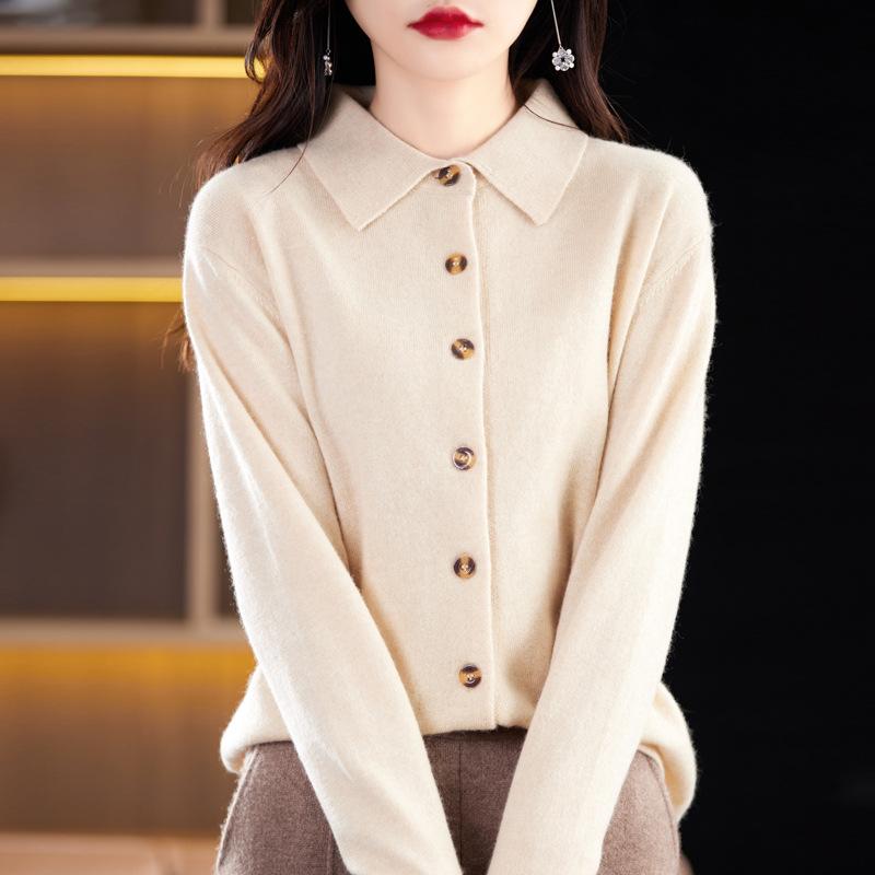 

New Andy fleece knitted cardigan women s PO shirt collar solid color sweater jacket top S