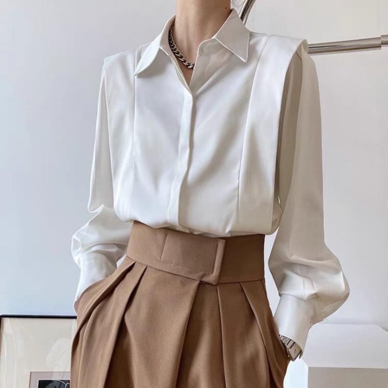 Chic Spring French Satin Long Sleeve White Shirt - Wrinkle-Resistant Women s High-End Design 3XL белый