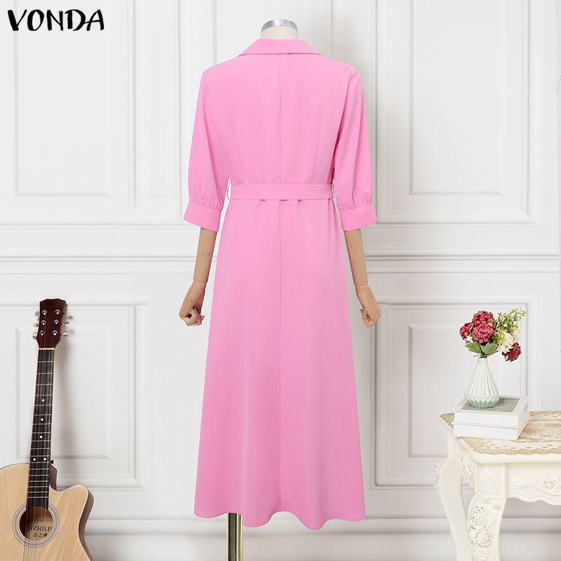 VONDA S-5XL Women V Neck 3/4 Sleeve Slim Waist Elegnat Casual Maxi Dress