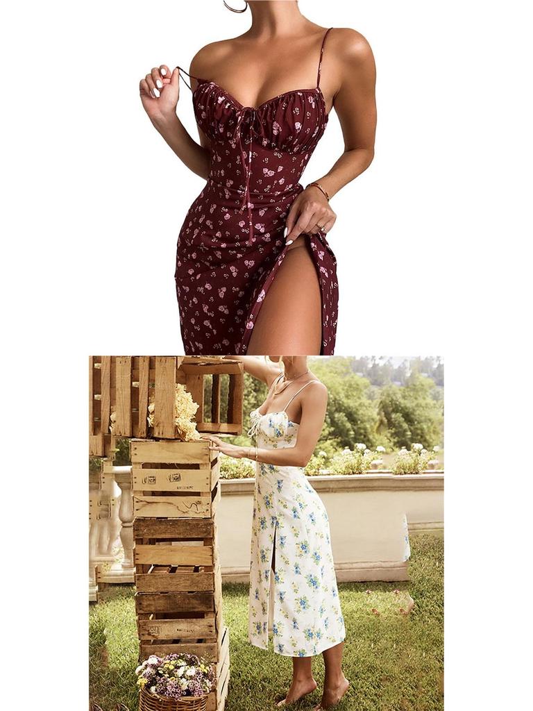 2026 Spring European & American Women's Sexy Printed Lace-up Slit Camisole Dress