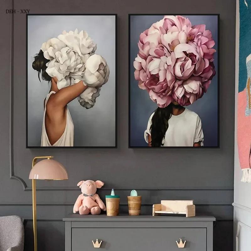 Canvas Painting Nordic Wall Art Posters Woman Head With Flowers Fashion Lady Portrait Picture Home Bedroom Decoration (No Frame)