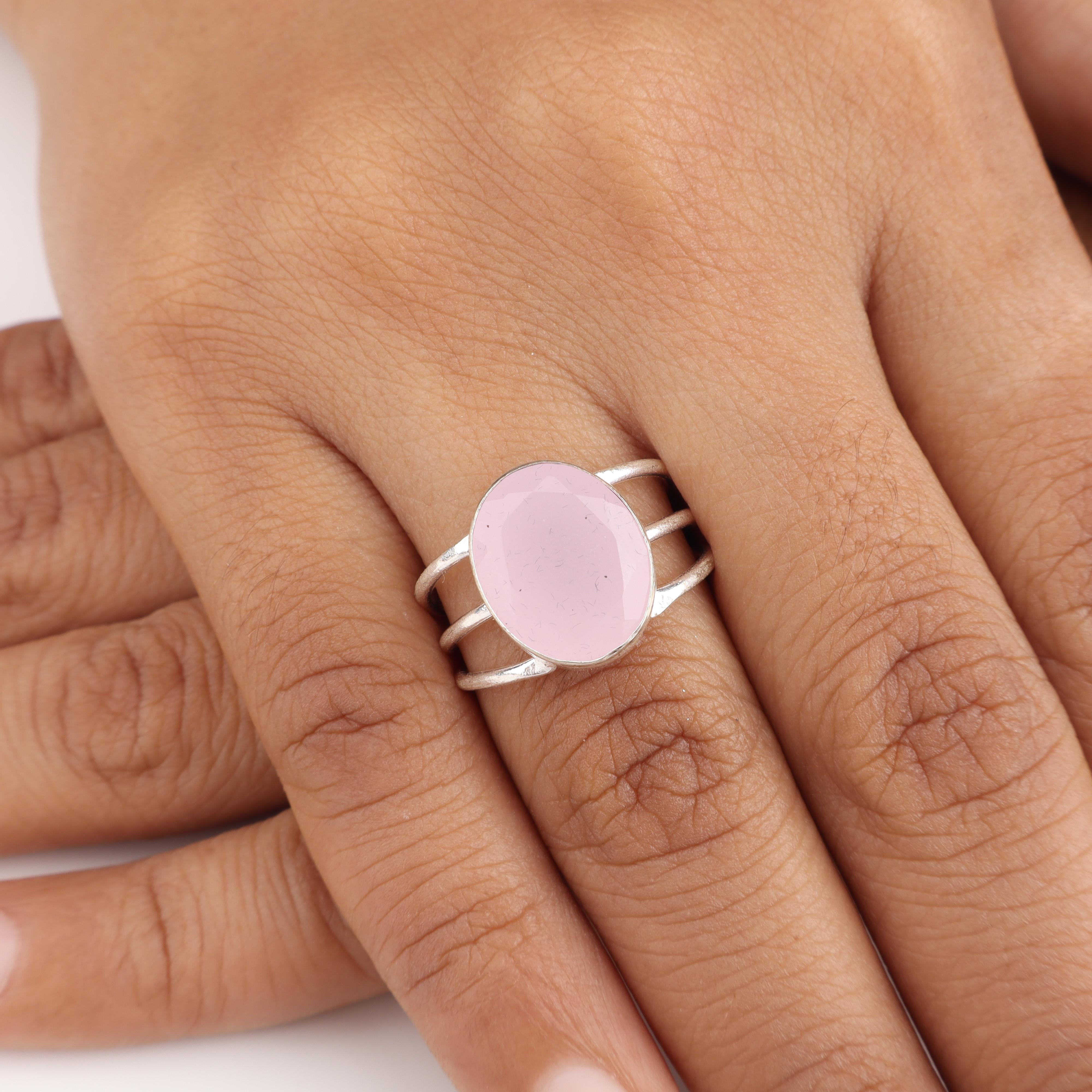 

Розовый халцедон драгоценный камень серебряное элегантное кольцо, 925 стерлинговое серебро ручной работы женские свадебные украшения, камень-талисман октября подарок RR-73-17 8.75