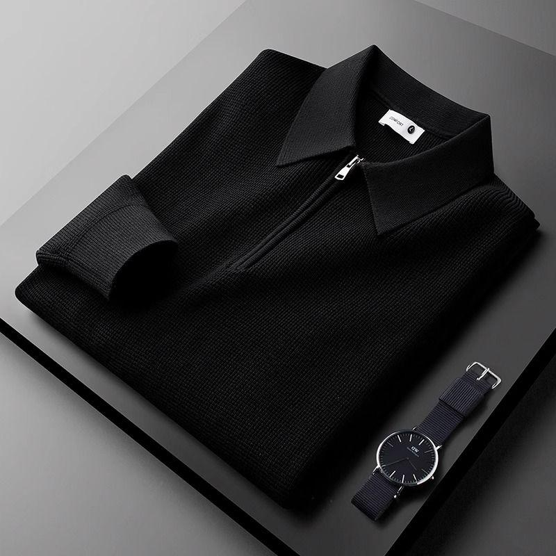 Warm Knitted Waffle Half Zip White Polo Shirt Men Long Sleeved Sweater Lapel Sweatshirt