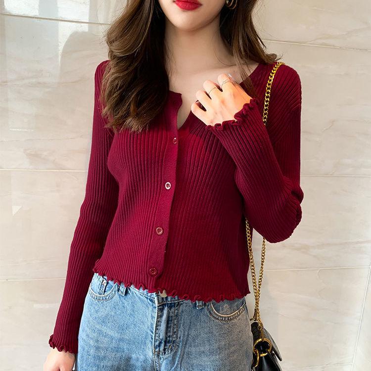 Women's Wooden Ear Knitted Cardigan Short Spring and Autumn Thin Fashion Slim Sweater Coat