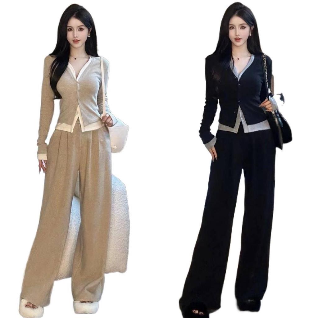 Women's Korean Style Two-Piece Set: Fake Two-Piece Long-Sleeve Top with Wide-Leg Pants - Spring/Autumn Fashion