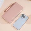 Luxury Leather Long Wallet With Wrist Strap Solid Color Multi Card Holder Large Capacity Phone Handbag Women