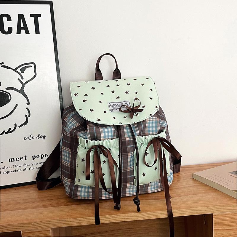 Trendy backpack women s large capacity versatile plaid sweet bow student schoolbag star backpack
