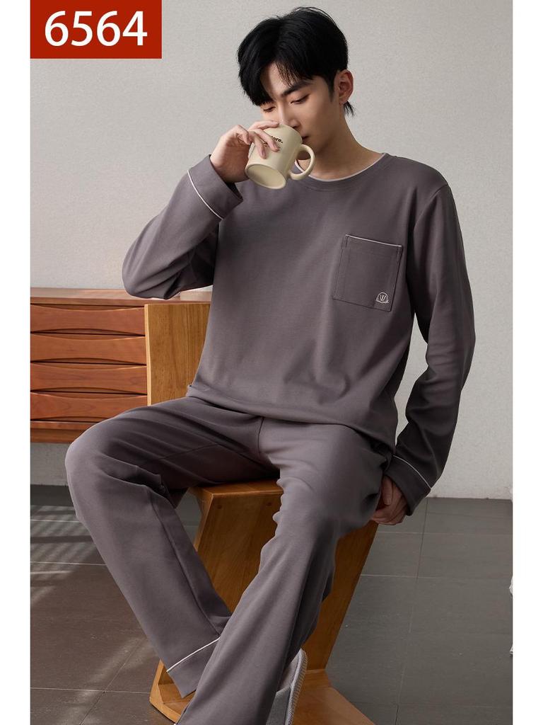Men's 100% Pure Cotton Pajamas - Long Sleeve & Pants, Solid Color, Loose Fit, Two-Piece Set for Spring & Autumn Homewear.