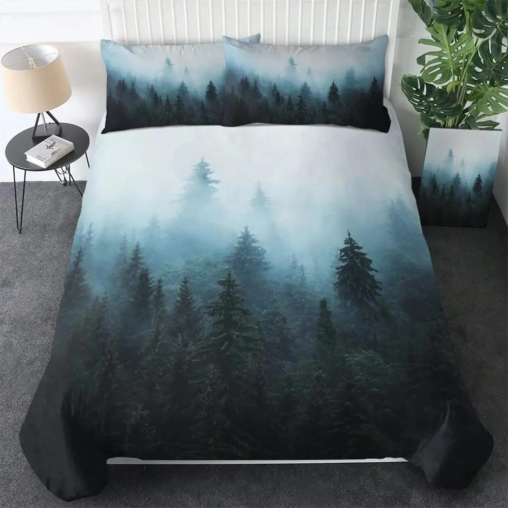 Smoky Mountain Duvet Cover Collection Misty Forest Bedding Collection Full Queen Size Grey Trees Natural Scenery Art Comforter Cover