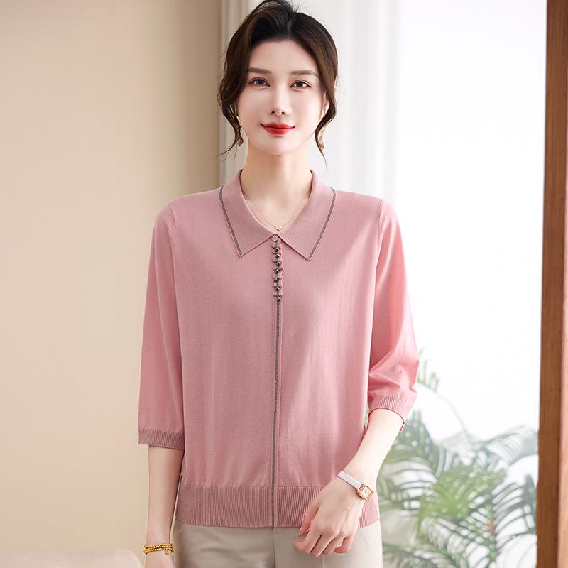 

2026 Spring Stylish Knit Lapel Sweater for Middle-aged & Elderly Women – Versatile Base Layer 3XL (150-165 lbs recommended) розовый