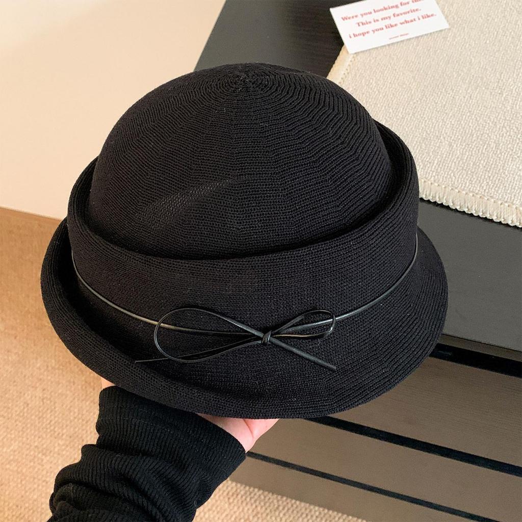 French Hepburn-Style Bowknot Women's Elegance: Rolled Brim Formal Bucket Hat