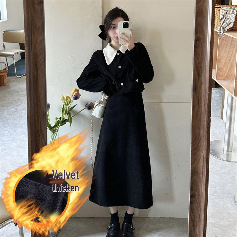 French Chic Corduroy Two-Piece Set: Doll Collar Jacket & Mid-Length Skirt for Autumn/Winter