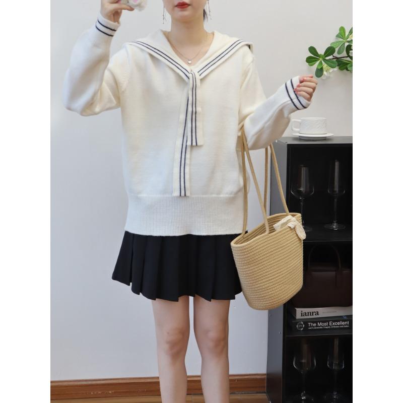 

Вязаный свитер в академическом стиле с темно-синим воротником, осенне-зимние новые модели, свободный свитер-пуловер для женщин one size fits all