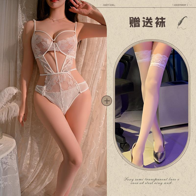 Hollow and Thin Sexy Underwear Sexy Onesie Temptation Strap Perspective Lace Free Purple