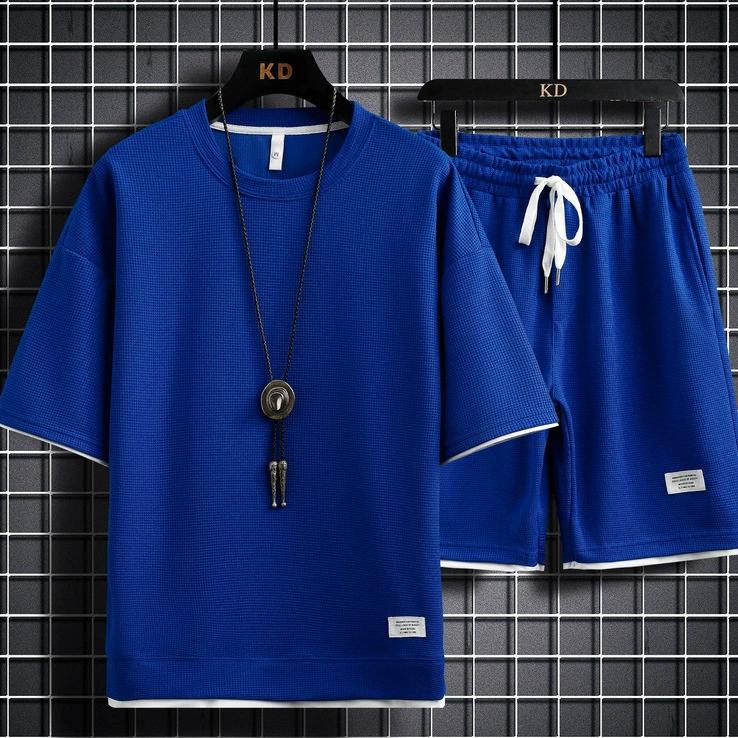 Waffle Sports and Leisure Suit Men's Spot Hong Kong Style Loose Fake Two-piece Short-sleeved Shorts
