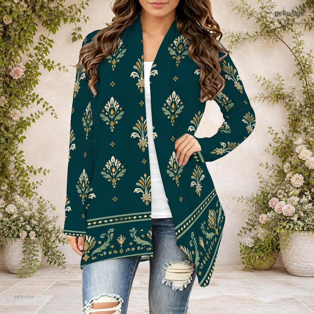 Women s Plus Size Dark Green Printed Draped Collar Long Sleeve Open Front Curved Hem Cardigan