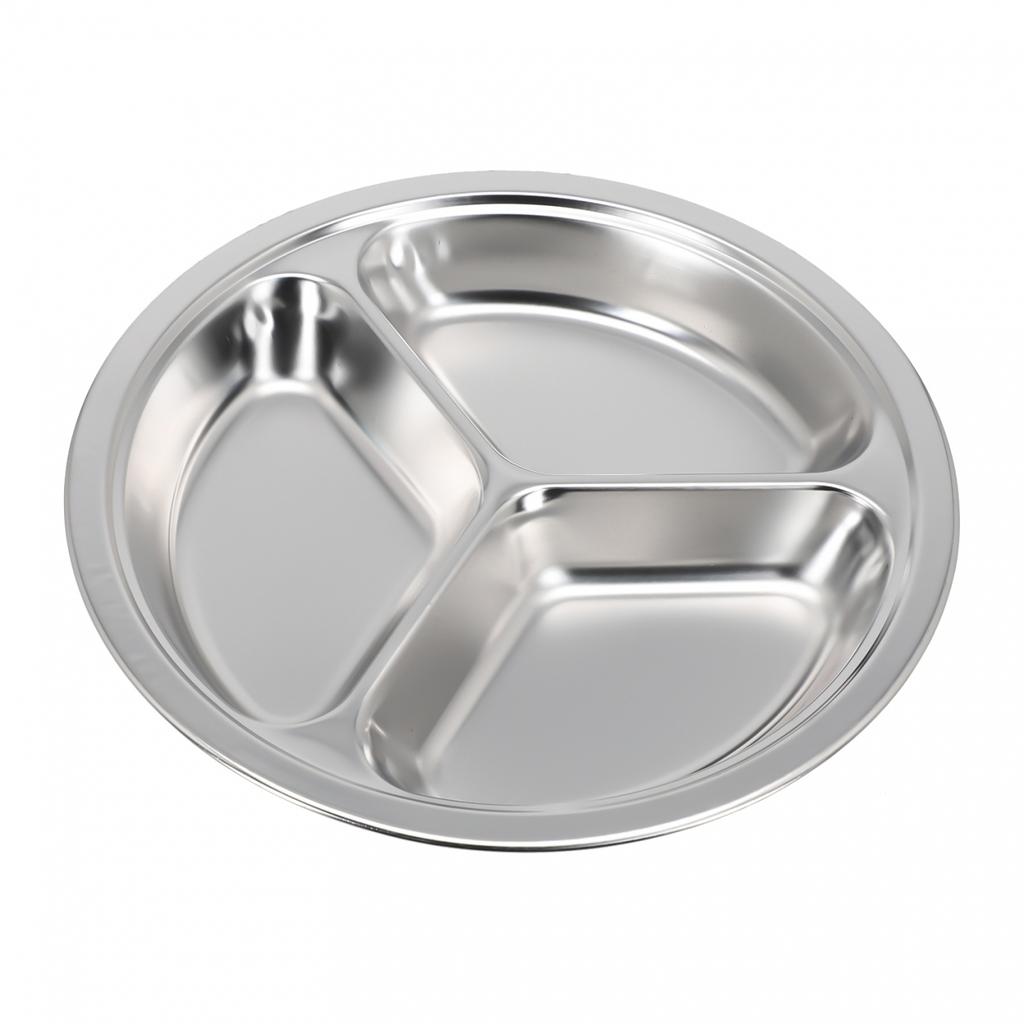 Stainless Steel 3-Sections Round Divided Dish Dia-22/24/26cm Snack Dinner Plate