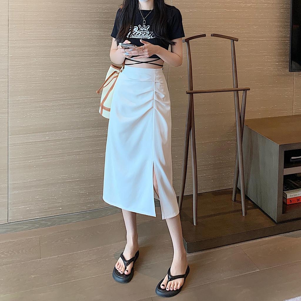 Women's High Waist Pleated Midi Skirt - Early Autumn 2024 Slimming Hip-Hugging A-Line with Slit