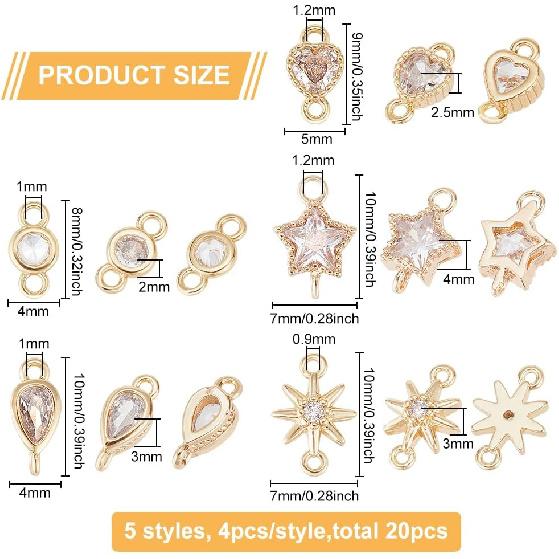 BENECREAT 20Pcs 5 Style 18K Gold Plated Links Flat Round Star Brass Micro Pave Cubic Zirconia Links Teardrop Heart Shape Connecter for Necklace