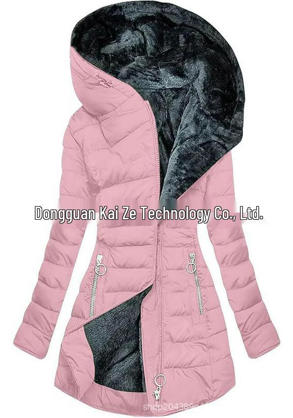 Mid-Length Slimming Hooded Jacket - Women's Thickened Cotton with Velvet Lining