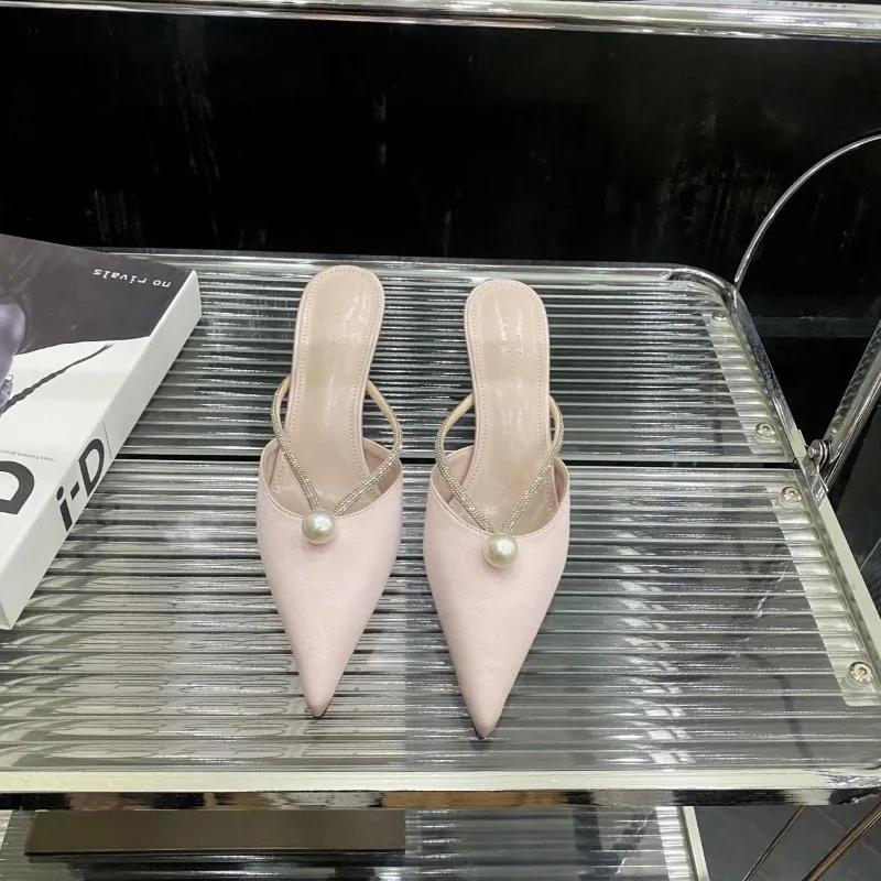 Summer Women's Fashion Slippers Pointed Toe Thin Heels Pearl Slippers Women Dress Sweet Lovely Rhinestones Zapatillas De Mujer