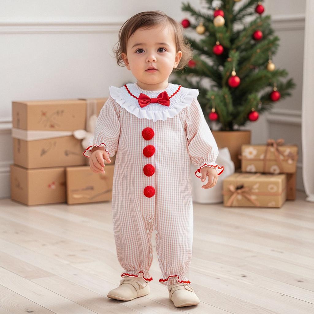 Baby Girls Plaid Romper Fashionable Round Neck Long Sleeve Christmas Bubble Jumpsuit