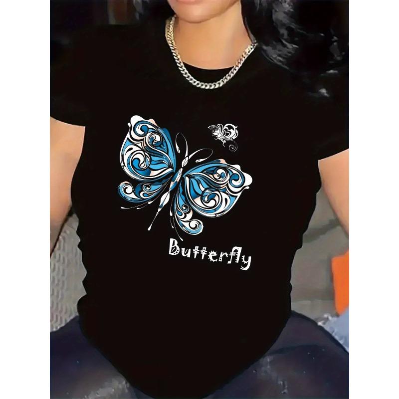 

Women S Black White T-Shirt - Round Neck, Comfortable Fit for Home, Office, or Outdoor Use, Butterfly Shirt 4XL