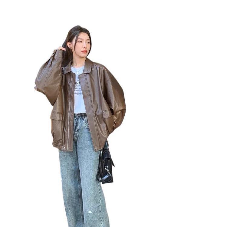 Retro Women's Short Brown Leather Motorcycle Jacket - Korean Style, Spring/Autumn, Small Size, Loose Fit