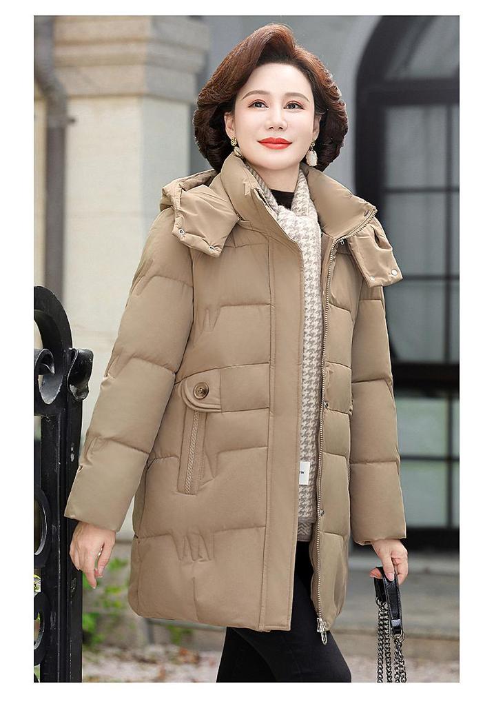 Mom's Hooded Mid-Length Down Jacket for Middle-Aged Women - Autumn/Winter Cotton Outerwear