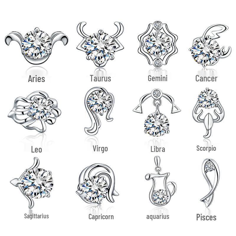 White Copper Silver-Plated Retro Zodiac Stud Earrings with Zircon Stones