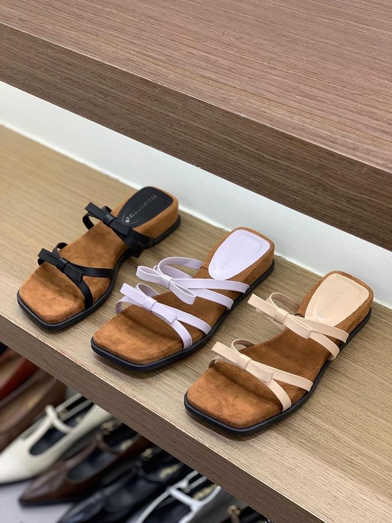 Soft leather version~ temperament wedge heel French thin belt cool slippers women's 2025 new summer bow Roman sandals