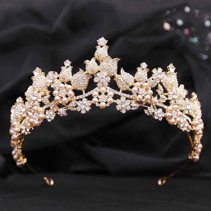 Fashion Bride Crown Headdress Rhinestone Crystal Pearls Flower Tiaras Bridal Diadem for Wedding Dress Hair Jewelry Accessories
