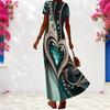 Women Plus Size V Neck Short Sleeve Printed Long Dress White Gray Abstract Rhinestone Pattern