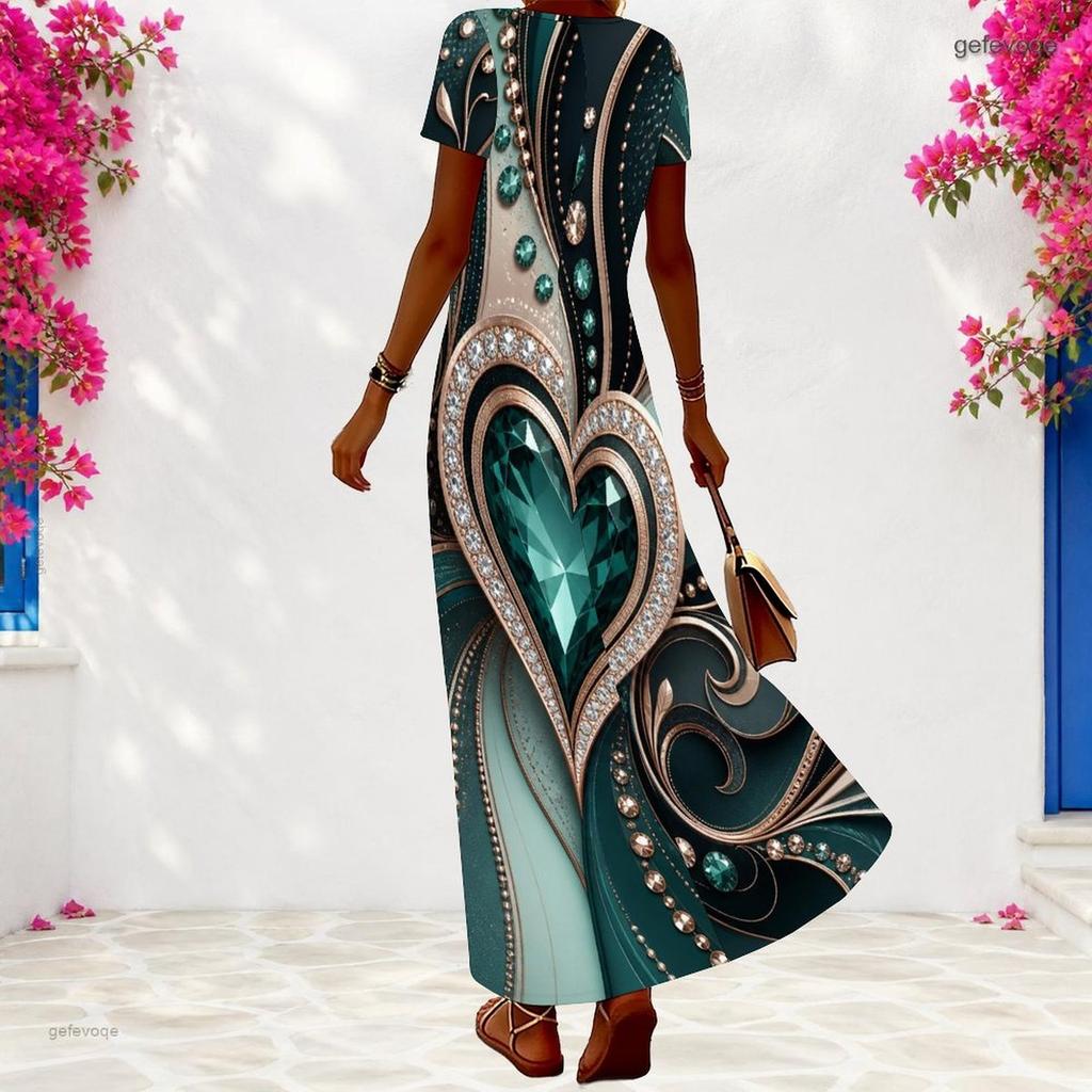 Women Plus Size V Neck Short Sleeve Printed Long Dress White Gray Abstract Rhinestone Pattern