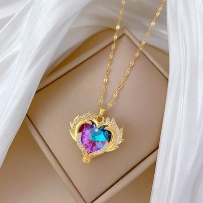 Women Love Heart Pendant Necklace Adjustable Design Non-Fading Dazzling Colorful Necklace