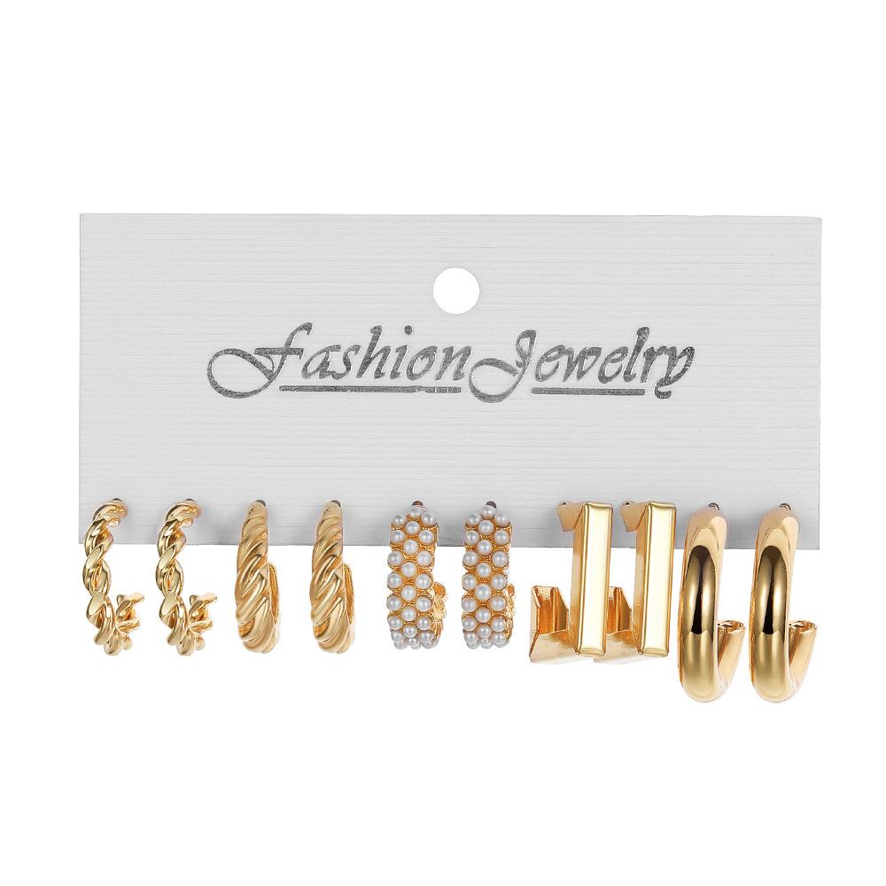 Alloy Ear Ring Square Geometric Shape Earrings Set - 6-piece Vintage Pearl Packaged Earrings Jewelry Set