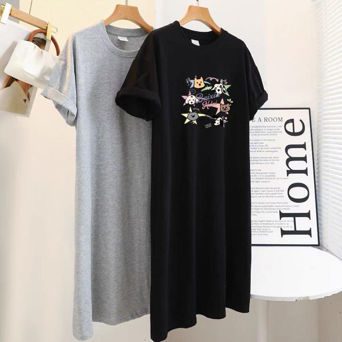

New Short-sleeved Long Dress, Loose and Casual Over-the-knee T-shirt Dress, Simple Mid-length Dress for Women To Look Slimmer In Summer 4XL чёрный