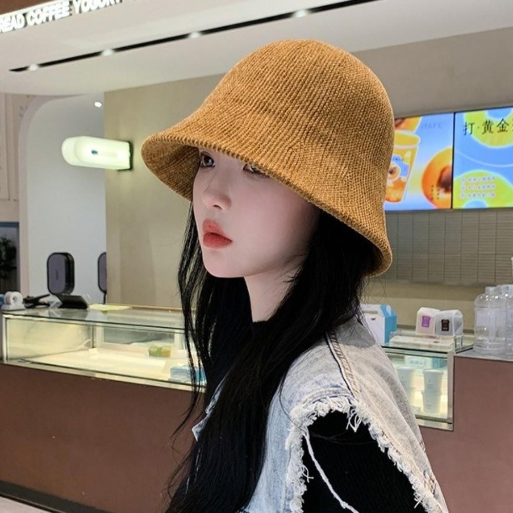 British Style Women Panama Cap Chenille Bucket Hat Casual Knitted Fisherman Hat Winter